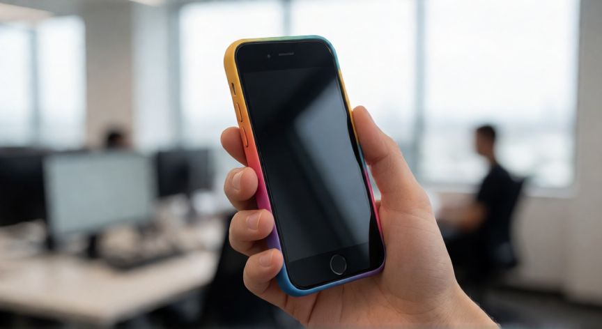que iphone merece la pena, Persona sosteniendo un iPhone SE 3 en un entorno de oficina moderno