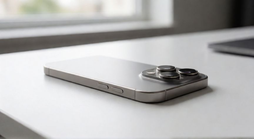 que iphone merece la pena comprar, iPhone con marco de titanio y módulo de cámara triple sobre un escritorio moderno