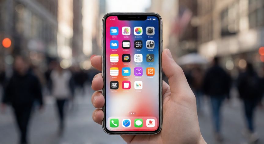 que iphone merece la pena comprar, Persona sosteniendo un iPhone con la pantalla encendida en una calle urbana