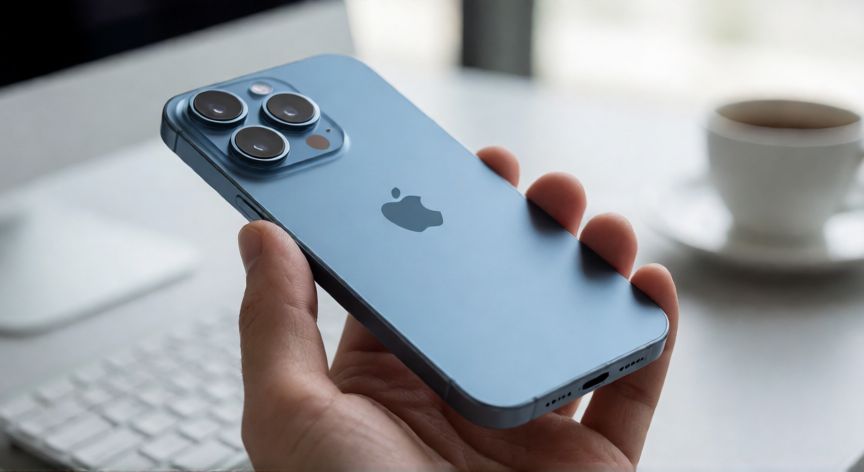que iphone merece la pena comprar ahora, iPhone 15 Pro color titanio azul mostrando la cámara trasera y puerto USB-C
