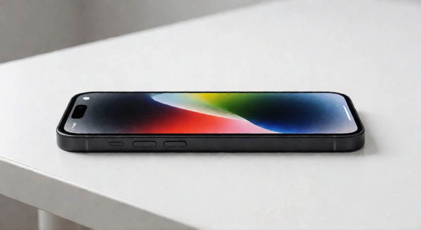 que iphone merece la pena comprar ahora, iPhone 15 negro sobre una mesa blanca mostrando el diseño y la pantalla