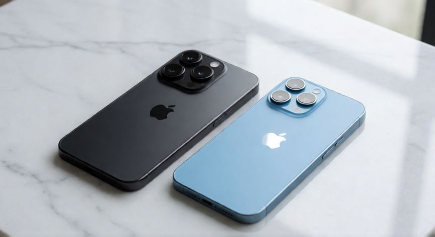 que iphone merece la pena comprar en 2026, Comparativa visual de iPhone 17 Pro y iPhone 16 sobre superficie de mármol