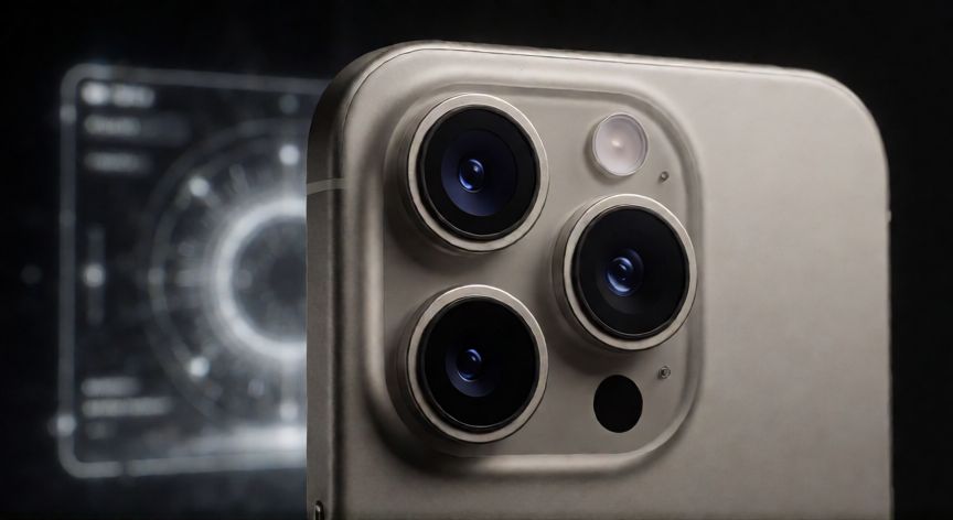 que iphone merece la pena comprar en 2026, Primer plano de la cámara del iPhone 17 Pro mostrando detalles de titanio