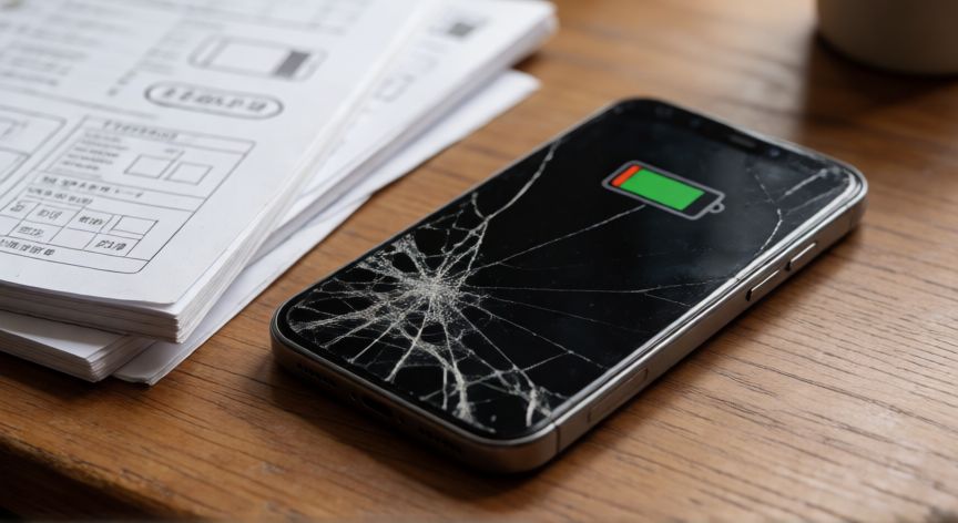 que iphone no comprar, Smartphone antiguo con pantalla rota y batería baja