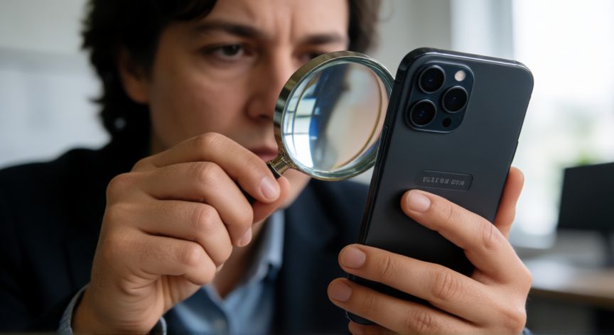 que iphone no comprar, Persona inspeccionando el número de serie de un smartphone