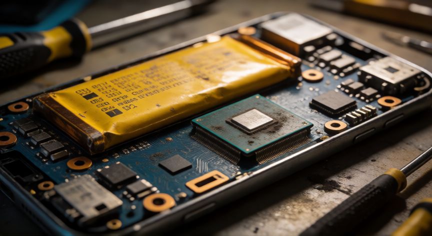 que iphone no comprar en 2026, Madreplaca de un smartphone antiguo con batería dañada y componentes obsoletos