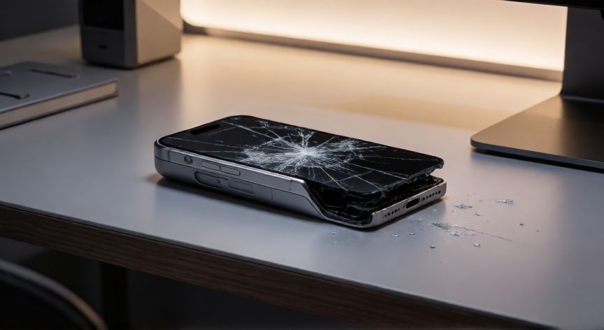que iphone no comprar en 2026, Teléfono inteligente moderno con pantalla rota y bisagra dañada sobre un escritorio