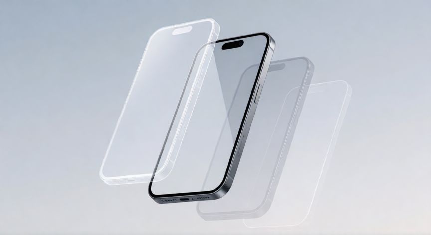 que iphone no existe, Ilustración conceptual de un iPhone flotante rodeado de siluetas de modelos inexistentes