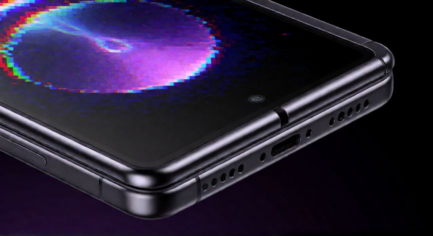 que iphone no existe, Concepto de un iPhone plegable con efecto de fallo digital sugiriendo que es un modelo falso
