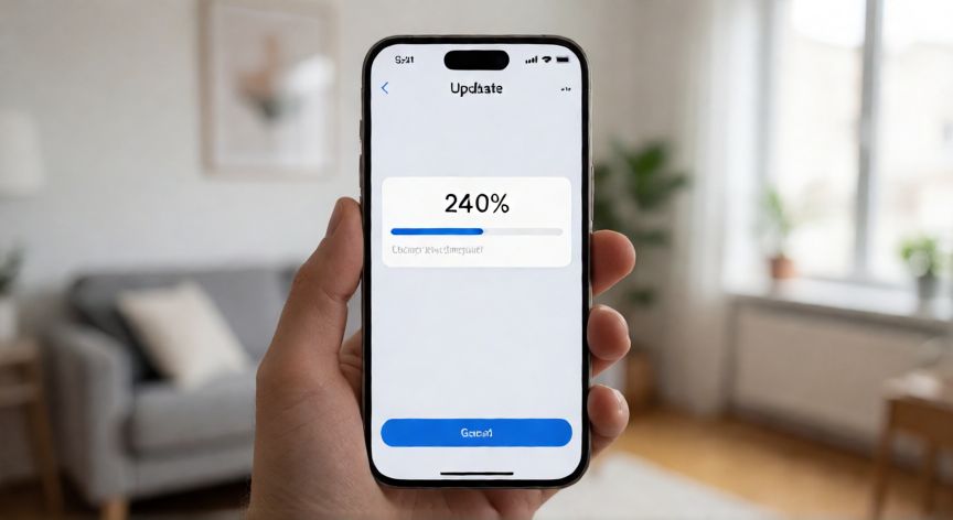 que iphone no se actualiza en 2026, Pantalla de actualización de software en un dispositivo móvil