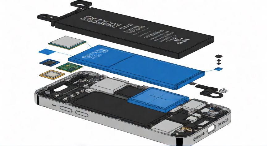 que iphone no se calienta, Vista técnica interna de un iPhone mostrando la gestión térmica