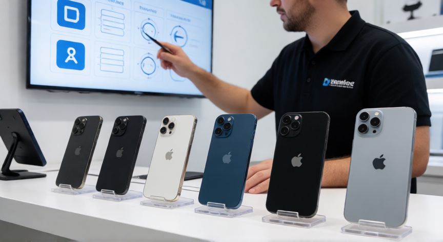 que iphone no se puede actualizar, Varios modelos de iPhone de diferentes generaciones en una tienda de reparación técnica