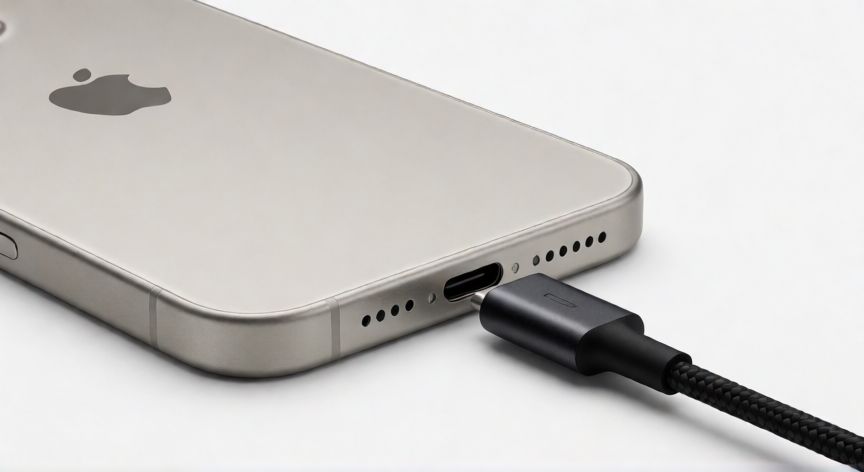 que iphone ocupa cargador tipo c, Vista cercana del puerto USB-C en la parte inferior de un iPhone 15 Pro