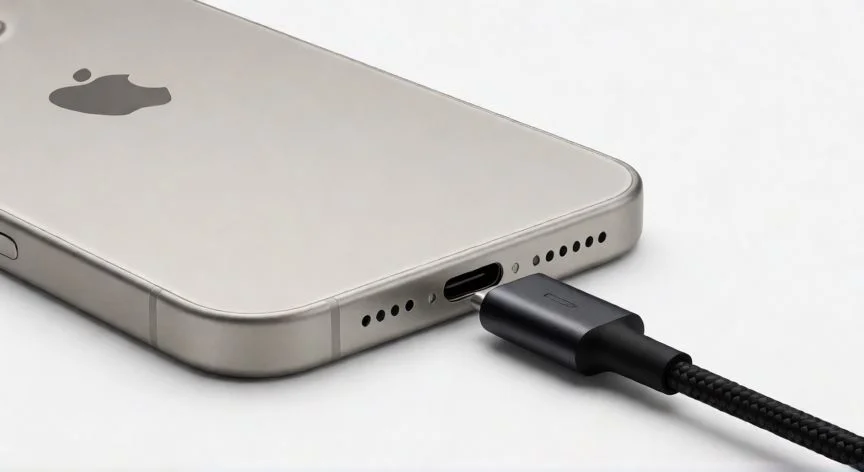 Vista cercana del puerto USB-C en la parte inferior de un iPhone 15 Pro