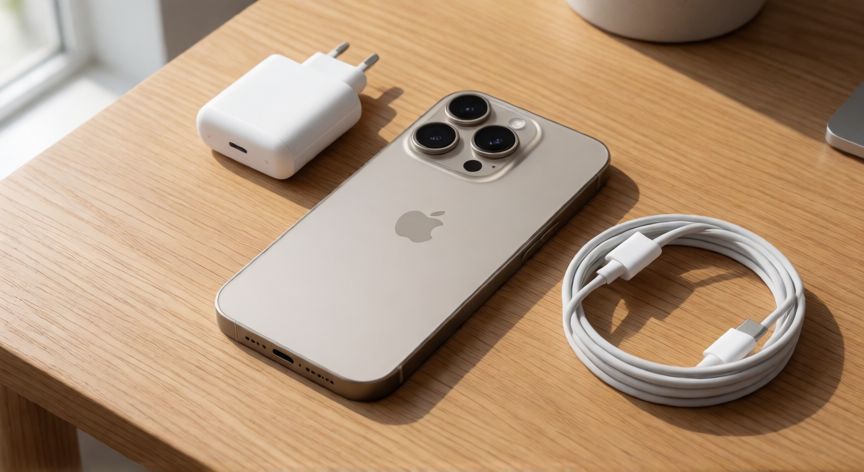 que iphone ocupa cargador tipo c, Kit de carga con iPhone 16 Pro, adaptador de corriente y cable USB-C sobre una mesa de madera