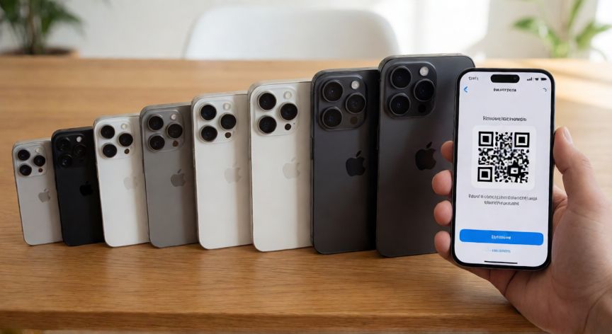 que iphone ocupa esim, Colección de iPhones compatibles con eSIM en una mesa