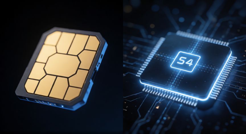 que iphone permite esim, Comparativa visual entre tarjeta SIM física y chip eSIM virtual