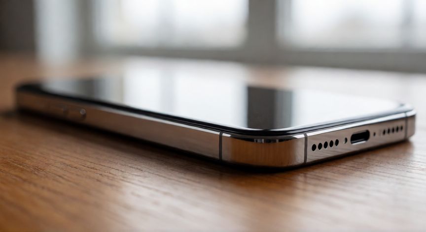 que iphone pesa mas, Vista detallada del marco metálico de un iPhone moderno sobre una mesa de madera