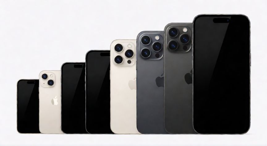 que iphone pesa mas, Comparación visual del tamaño y grosor de varios modelos de iPhone en fila