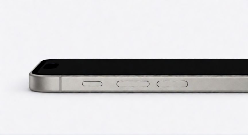que iphone pesa menos, Perfil lateral del iPhone 16 mostrando su diseño delgado y marco de titanio