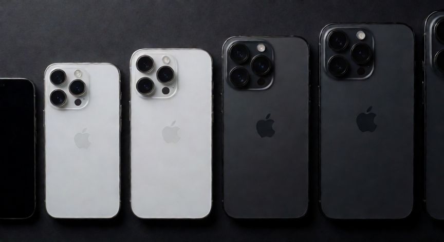 que iphone pesa menos, Comparación de tamaños y grosores de varios modelos de iPhone sobre fondo oscuro