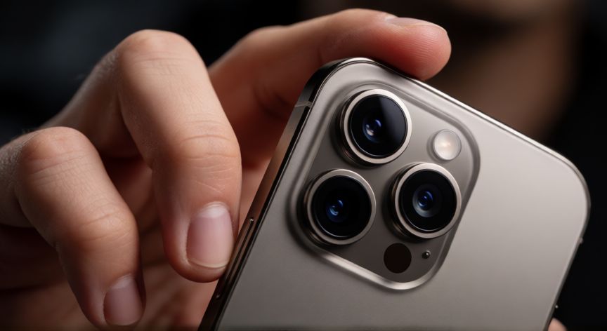 que iphone pro comprar en 2026, Detalle de la cámara trasera triple de un iPhone Pro en mano