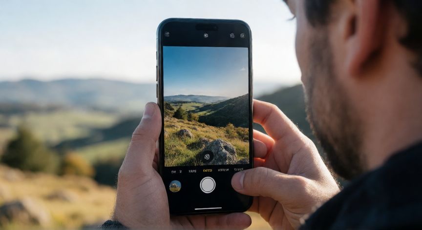 que iphone pro max comprar en 2026, Fotógrafo utilizando un iPhone Pro Max para capturar paisajes con alta calidad