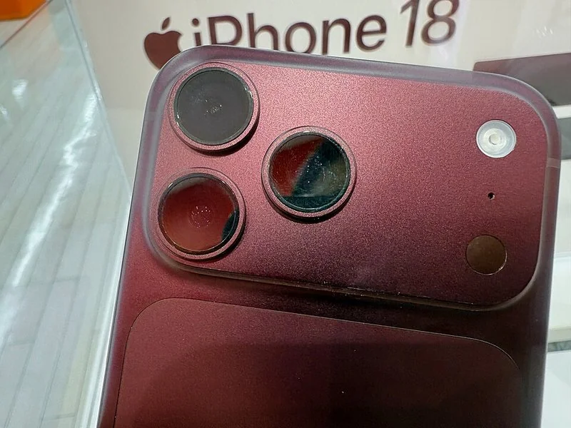 que iphone pro max comprar en 2026, Triple cámara trasera del iPhone 18 Pro Max en rojo, detalle del módulo
