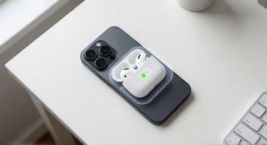 que iphone puede compartir bateria, AirPods cargándose inalámbricamente sobre la parte trasera de un iPhone
