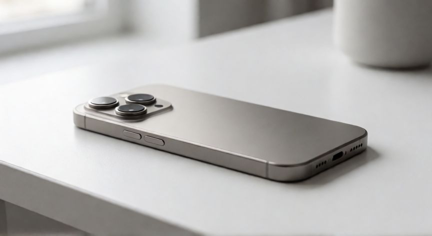 que iphone puedo comprar en 2026, iPhone de gama alta sobre un escritorio moderno