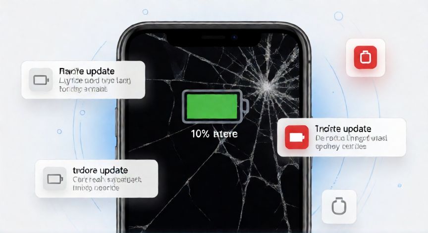 que iphone queda obsoleto 2027, Esquema conceptual de un iPhone antiguo con batería baja y notificaciones de actualización bloqueadas