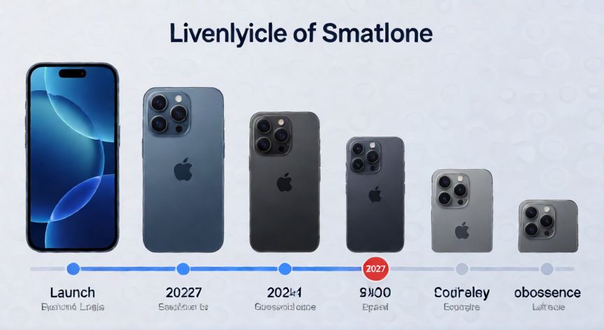 que iphone queda obsoleto 2027, Línea de tiempo visual mostrando el ciclo de vida del iPhone hasta la obsolescencia en 2027
