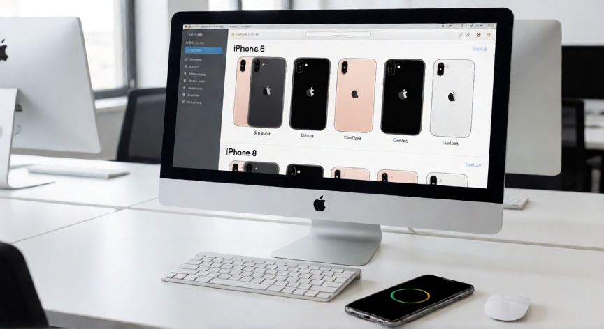 que iphone quedan sin actualizaciones, Espacio de trabajo con un iPhone 8 y una lista de modelos en la pantalla