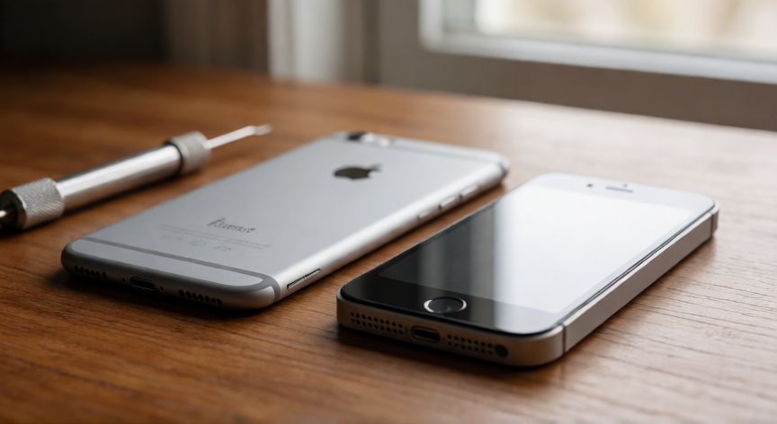 que iphone quede obsoleto, Modelos antiguos de iPhone obsoletos sobre un escritorio de madera