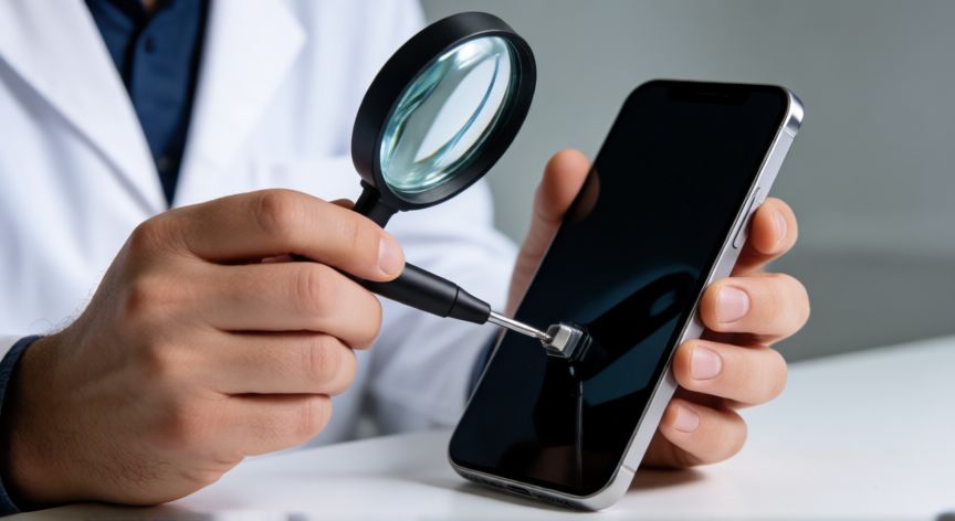 que iphone reacondicionado comprar, Técnico inspeccionando un iPhone reacondicionado con herramientas de diagnóstico