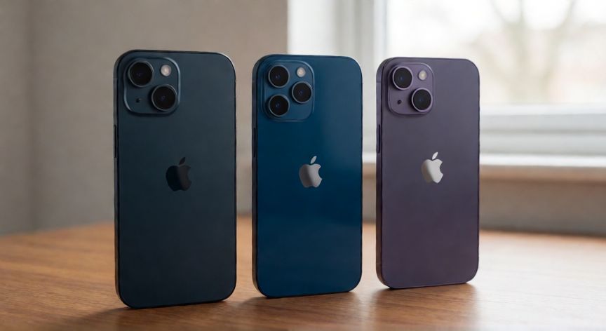 que iphone reacondicionado comprar, Comparativa visual de iPhone 13, 12 y 14 reacondicionados sobre una mesa