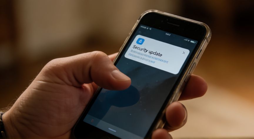 que iphone recibe actualizaciones 2026, Mano sosteniendo un iPhone antiguo recibiendo una notificación de actualización de seguridad