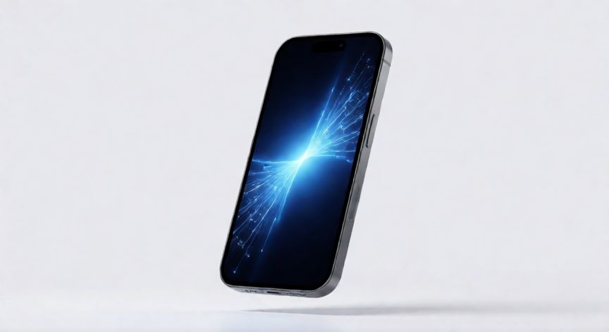 que iphone recibiran ios 27, Smartphone moderno flotando con luz azul en la pantalla representando datos