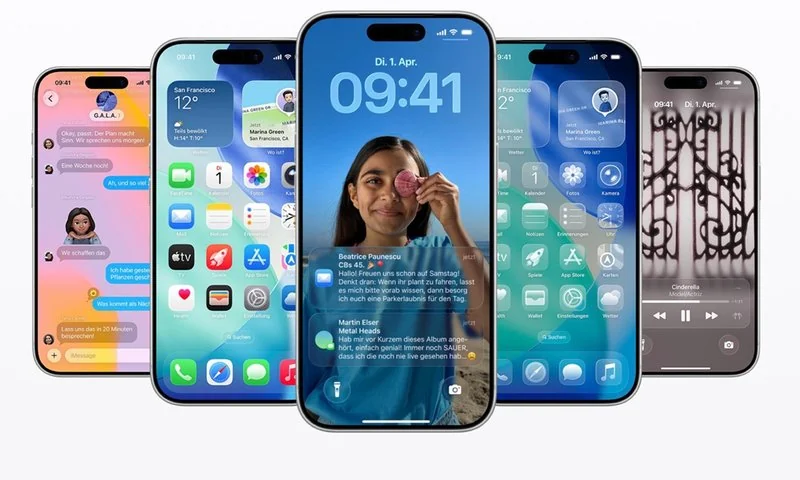 Varios modelos de iPhone compatibles con iOS 27 mostrando la nueva interfaz del sistema con widgets, Liquid Glass y la app de Siri