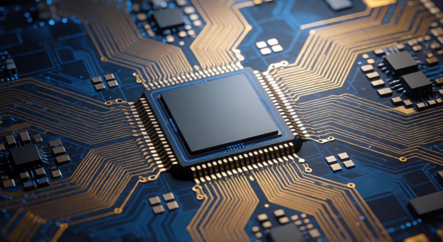 que iphone recibiran ios 27, Primer plano de un chip de procesador en una placa base tecnológica