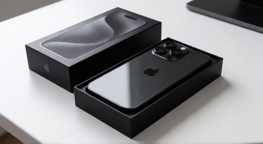 que iphone recomiendan comprar, Desembalaje de un iPhone nuevo mostrando su diseño y cámara trasera