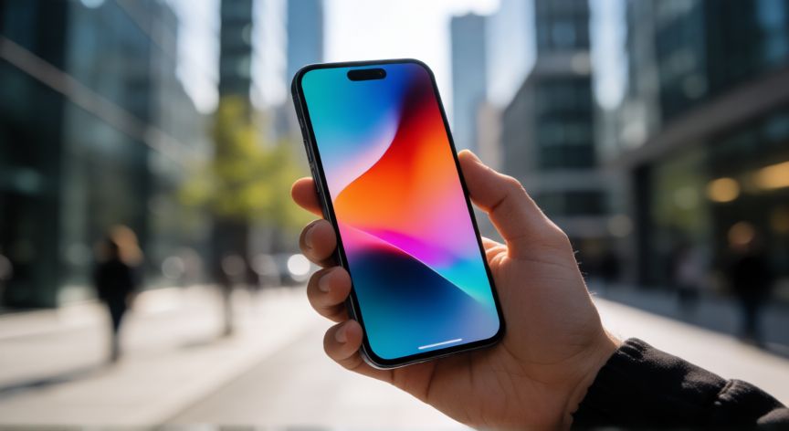 que iphone recomiendan comprar, Persona sosteniendo un iPhone con pantalla encendida en una calle urbana moderna