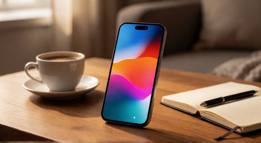 que iphone recomiendan comprar 2026, iPhone sobre una mesa de madera en un entorno de oficina acogedor