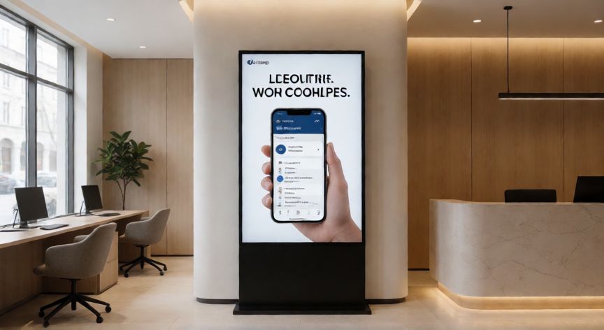 Interior de una sucursal bancaria con pantalla promocionando dispositivos móviles