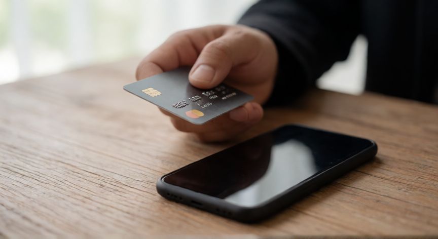 que iphone regala el santander, Mano sosteniendo tarjeta de crédito y teléfono móvil sobre escritorio de madera