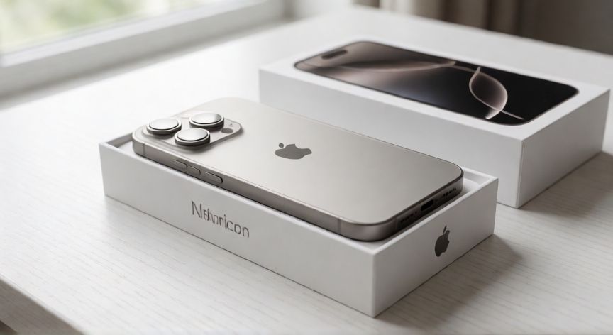 que iphone renta comprar en 2026, iPhone 15 Pro reacondicionado en una caja sobre una mesa de madera