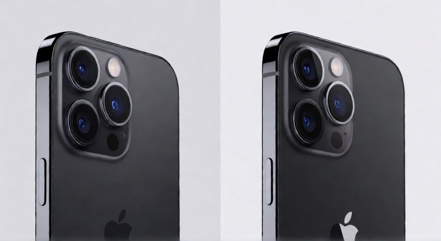 que iphone renta comprar en 2026, Comparativa entre iPhone 14 Pro y iPhone 13 sobre fondo gris minimalista