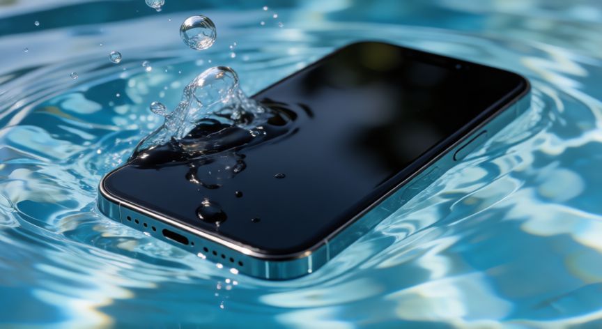 que iphone resiste al agua, iPhone sumergido en una piscina con agua cristalina mostrando su resistencia