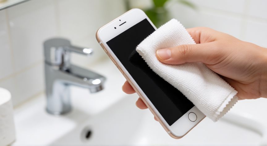 que iphone resiste al agua, Persona secando un iPhone con un paño de microfibra tras el contacto con agua