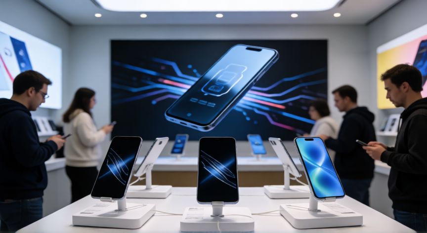 que iphone sale en 2026, Tienda de tecnología con exposición de nuevos dispositivos móviles